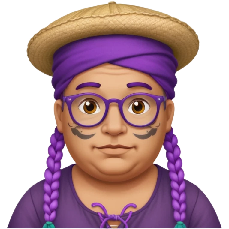 very tattoed face, normal glassess, fat venice gondolier with iconic hat and purple thick braided hair emoji