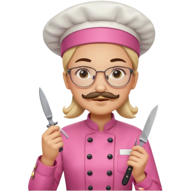female italian chef, pink uniform, with mustace, wearing glasses, holding knife emoji