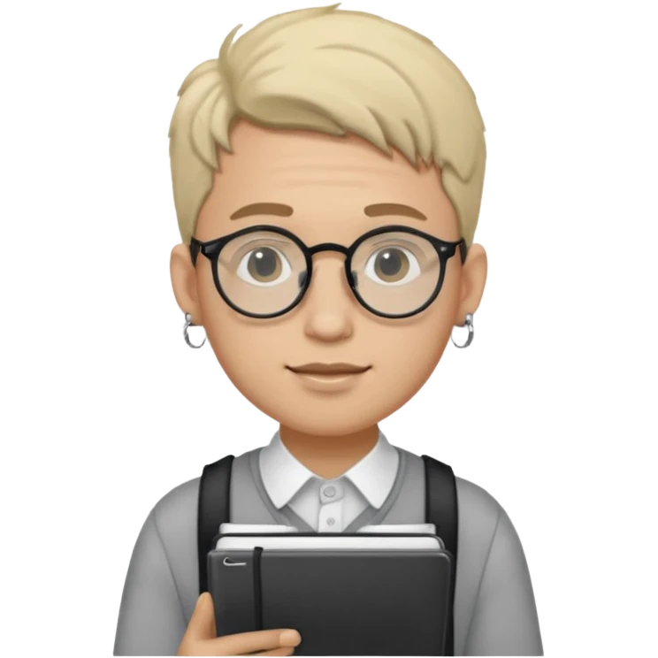 A man in his 20s wearing an apnotebook, wearing radio earrings, round glasses, achromatic clothes emoji