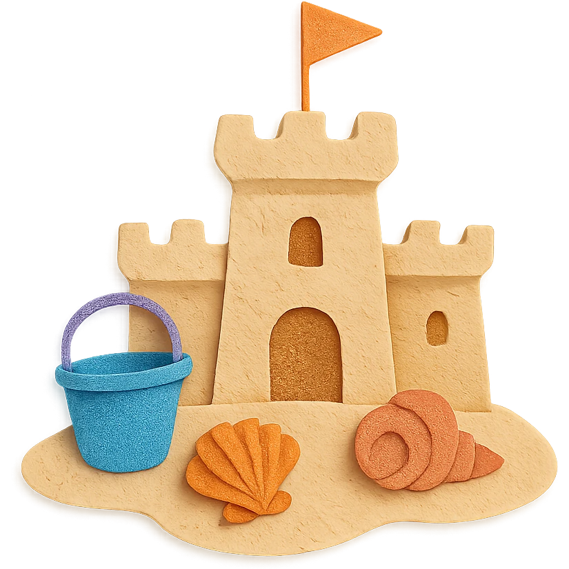 sand castle with seashells and a small bucket, bright colors, paper-craft style emoji