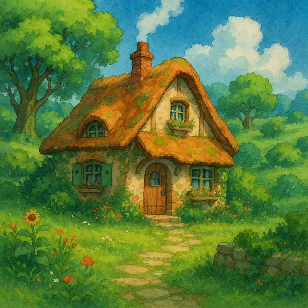 a cozy cottage in a magical landscape with lush greenery in Ghibli style emoji