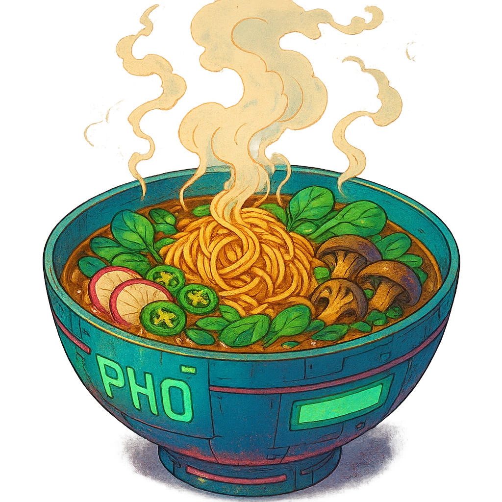 cyberpunk futuristic, scifi, a bowl of delicious VEGAN pho, ramen, piping hot emoji