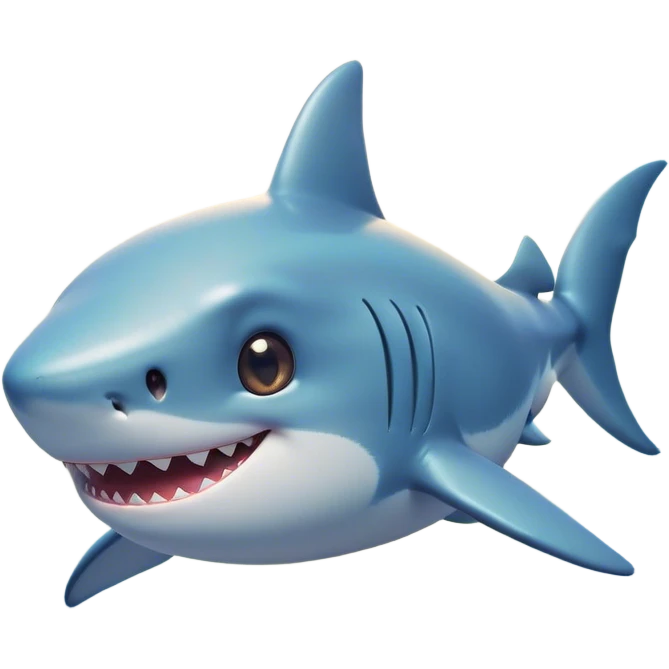 Cinematic Cute Shark Portrait Emoji, Head tilted playfully and inquisitively, featuring a glossy, streamlined body with a subtle shimmering hue and round, sparkling eyes filled with curious charm, Simplified yet irresistibly adorable features, highly detailed, glowing with a warm, friendly glow, high shine, affectionate and sleek, stylized with a touch of marine whimsy, bright and endearing, soft glowing outline, capturing the essence of a mischievous yet loving shark, so playful it feels like it could swim out of the screen into your arms! emoji