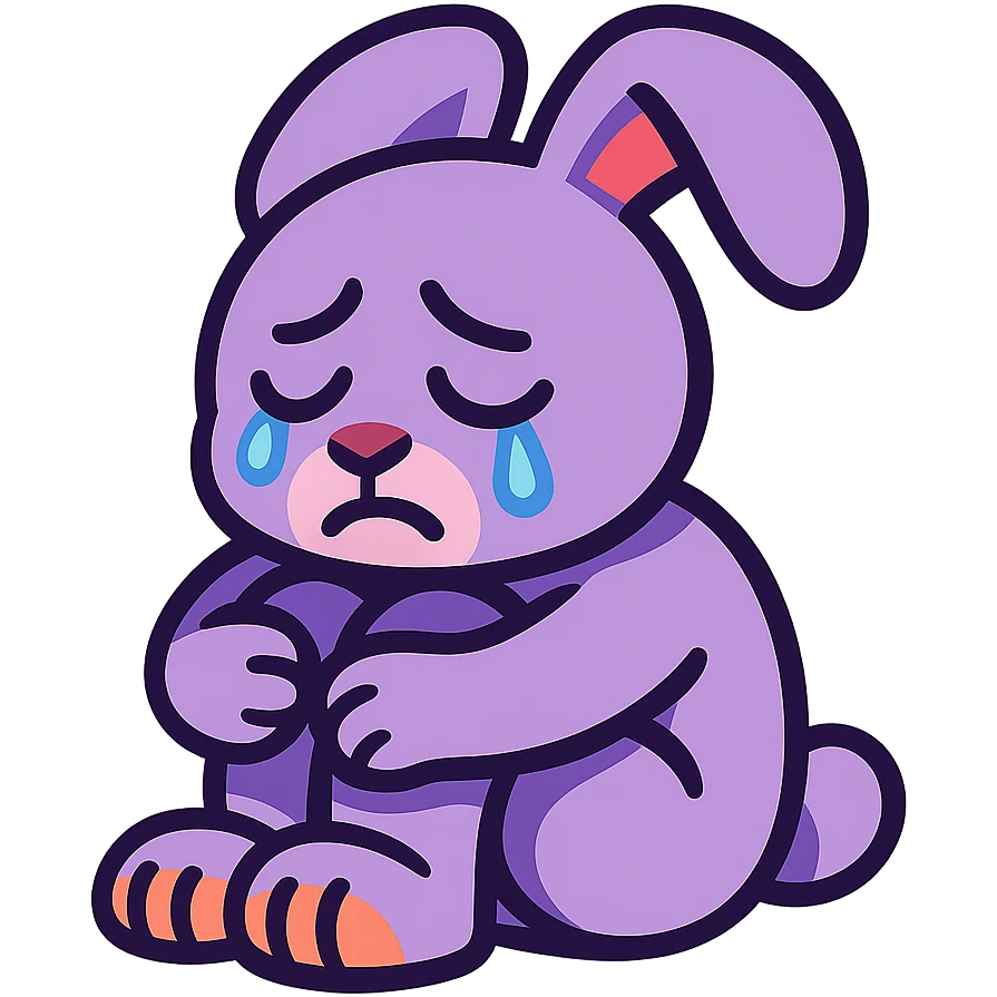lilac bunny hugging knees while crying, soft emotional expression, vibrant toon style emoji