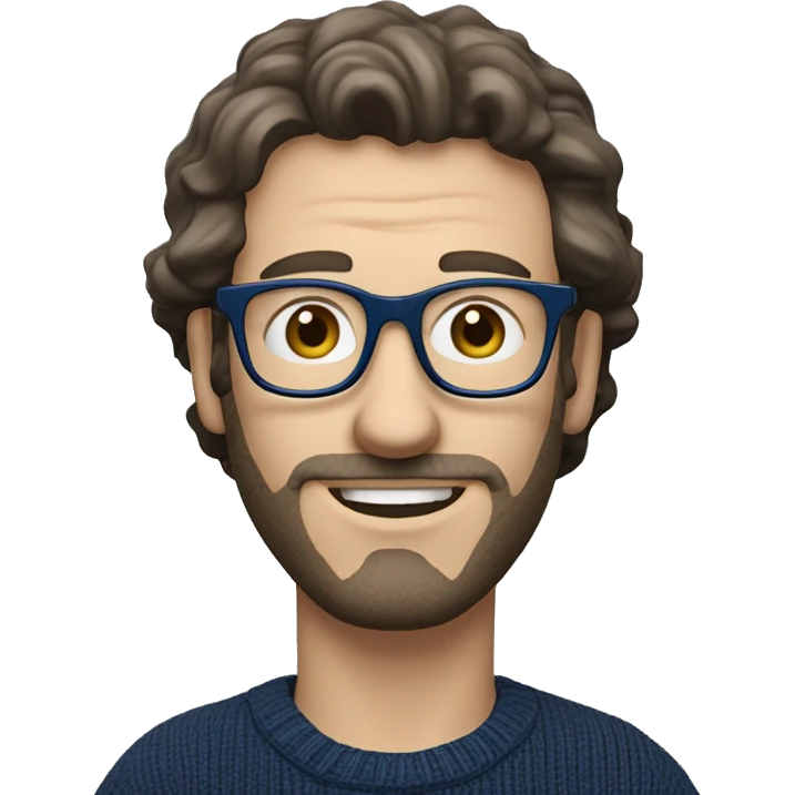 caucasian white man with dark wavy  hair, blue glasses, and carrying design plan because he is an architect carrying a pencil and a set model maquette. wearing a navy blue long sleeve sweater shirt. smart.  emoji