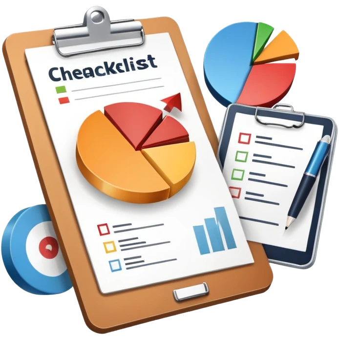 An icon featuring a pie chart, a clipboard with a checklist, and a megaphone, symbolizing management and marketing. The design includes upward-trending graphs and a target with an arrow, representing strategy and success. Transparent background highlights business organization and promotion. emoji