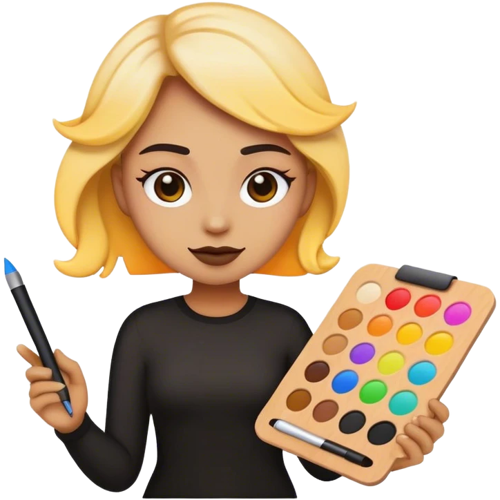 blackCreate an emoji representing a passionate graphic designer. The emoji should feature a creative expression, possibly holding a stylus or a color palette. Include design-related elements like a glowing screen, vector tools, or artistic splashes of color. The style should be modern, vibrant, and sleek, maintaining the clarity and simplicity of standard emoji designs. Ensure it conveys creativity, focus, and artistic flair. emoji