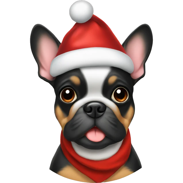 Black and tan frenchie wearing Santa hat emoji