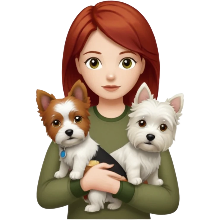 Westhighland white terrier dog being held by woman with dark shoulder length red hair and hazel eye wearing olive green top emoji