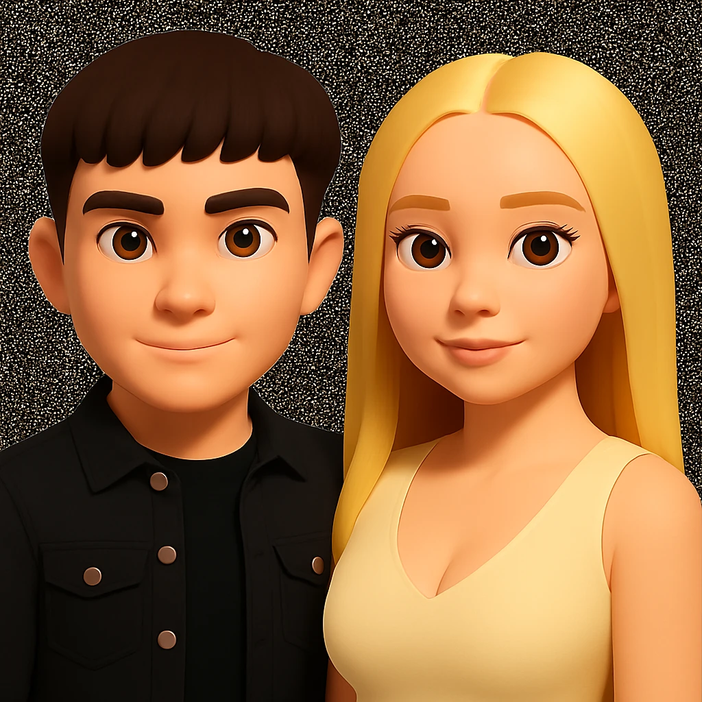 Slightly increase the volume of the upper body of the girl, slightly turn her to face forward, and make the skin color uniform. Maintain the cartoonish 3D style as in the reference image. emoji