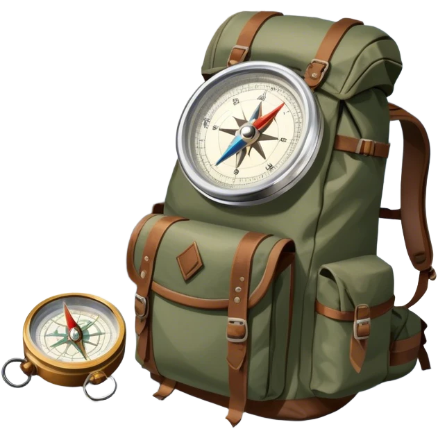 Icon for Expeditions: a compass, a map, and a backpack with trekking gear, placed on a rugged mountain terrain with snow-capped peaks. The icon should evoke the spirit of adventure and discovery in remote, unexplored places. Transparent background. emoji