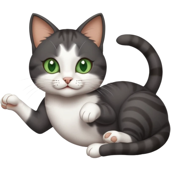 beautiful female solid dark grey cat with green eyes, white toes/paws and white patch on her chest playfully rolling upside down emoji