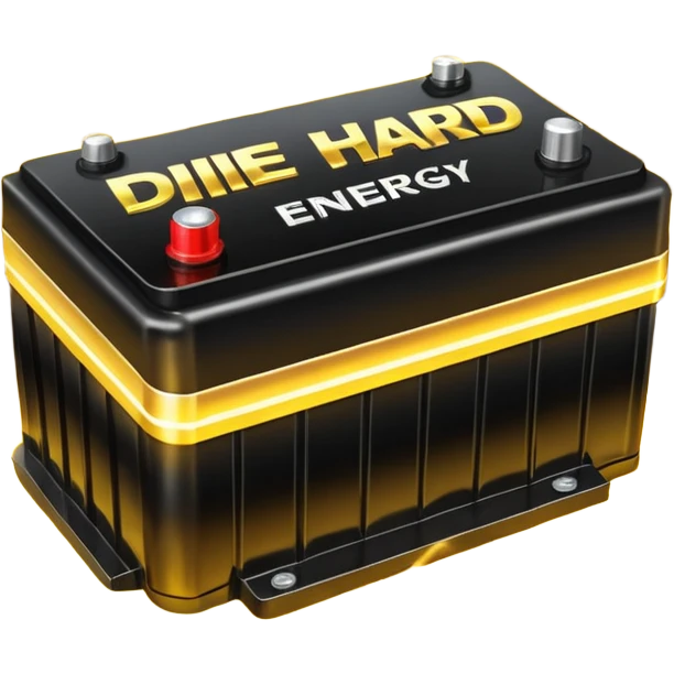 black car battery labeled 'Die Hard' with golden energy waves surrounding it, highlighting its strength emoji