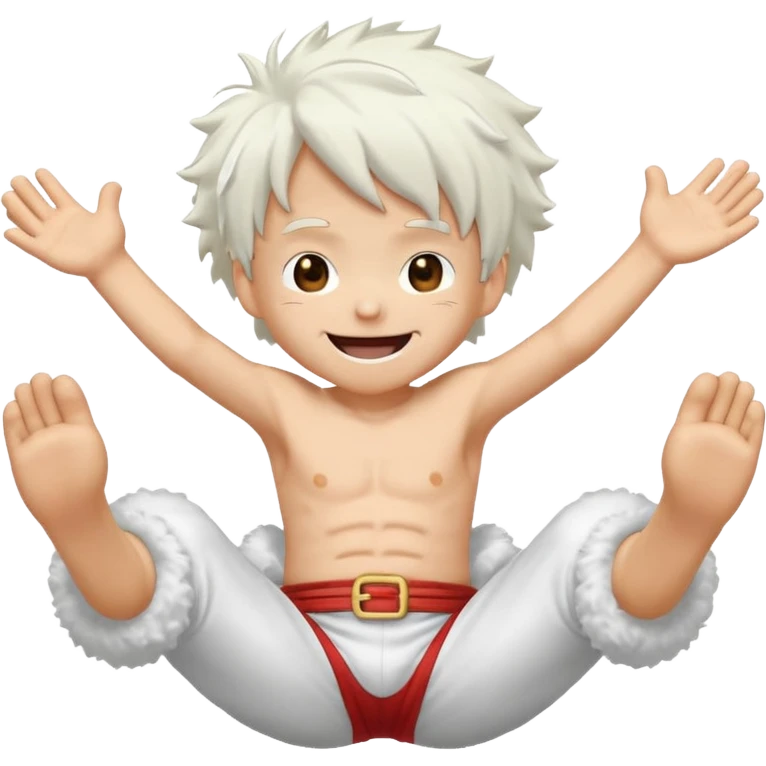 a joyful cartoon-style emoji of Luffy as a laughing character with wild, fluffy white hair, and a glowing white outfit. The character should have a big open smile, one hand on its face in laughter , and be in a dynamic mid-air pose with bent legs, as if carefree and floating. emoji