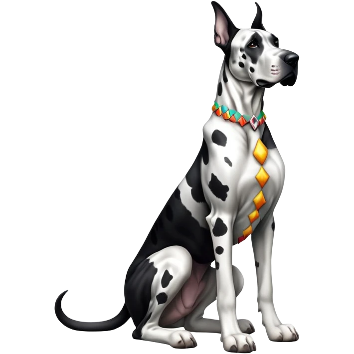 cinematic-[harlequin great dane]-realistic-full-body-sitting-emoji,-tail-resting-loosely-beside-its-paws,-head-tilted-dramatically, ears drooped, -sleek-[black and white]-fur,-simplified-yet-realistic-focused-features,-highly-detailed,-glowing-with-an-almost-sarcastic-glow emoji