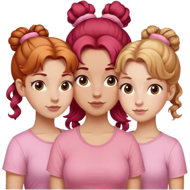 Three sisters one of them have red hair with buns. One of them have dirty blonde hair with ponytail. One of them have white curls with light brown hair hair and they are all wearing pink shirts emoji