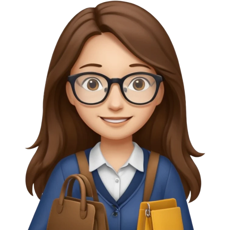 brown long hair woman, going to university wearing a glass, looks pretty no backpack just cure bag  emoji