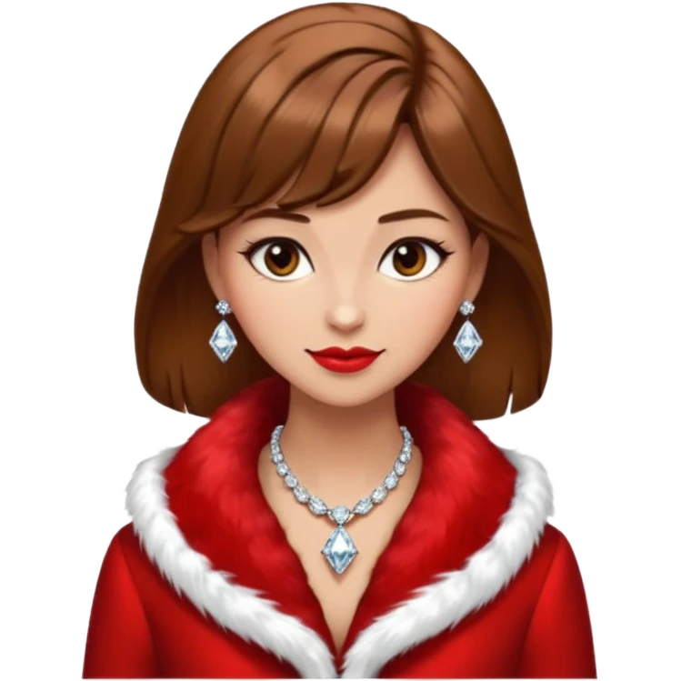 * Character: A stylish lady,brown hair
* ﻿﻿Clothing: A luxurious red fur coat
* ﻿﻿Accessories: A dazzling diamond necklace
* ﻿﻿Expression: Confident, elegant, maybe slightly glamorous
* ﻿﻿Pose: Head slightly tilted or a poised posture
* ﻿﻿Style: Emoji-like, simple but expressive emoji