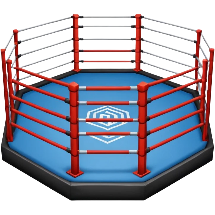 MMA cage arena object icon, octagon fighting cage with metal fence walls, padded corner posts, professional combat arena, 3D cartoon style, mobile game icon style, centered, clean background, no people, no text, no watermark
 emoji