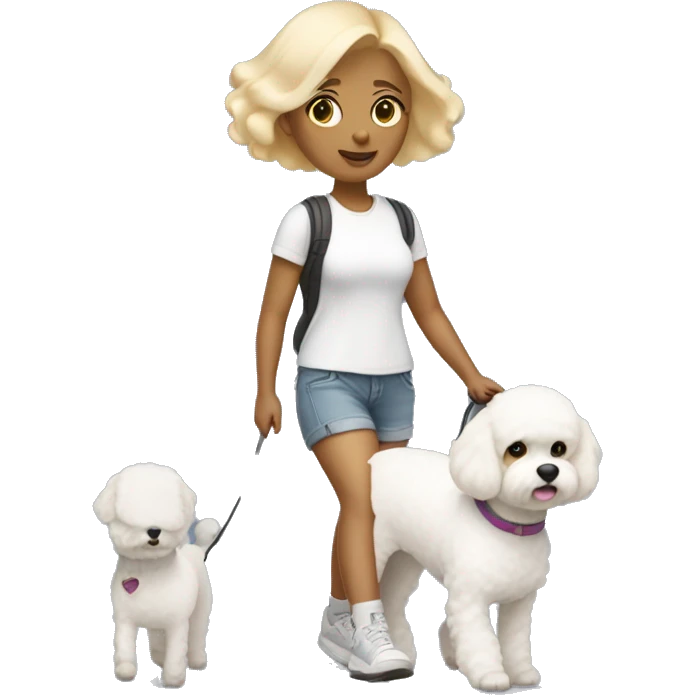 small white woman with short bobbed blonde hair wearing a nice shorts outfit walking a white bichon dog emoji