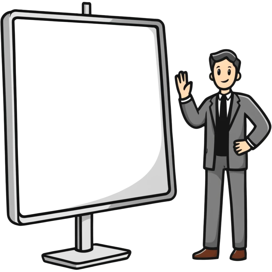 sticker style webinar with cartoon presenter on a screen, fun and bold emoji