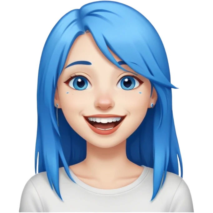 Blue haired blue eyes female long straight hair laughing, lip piercing, nose piercing emoji