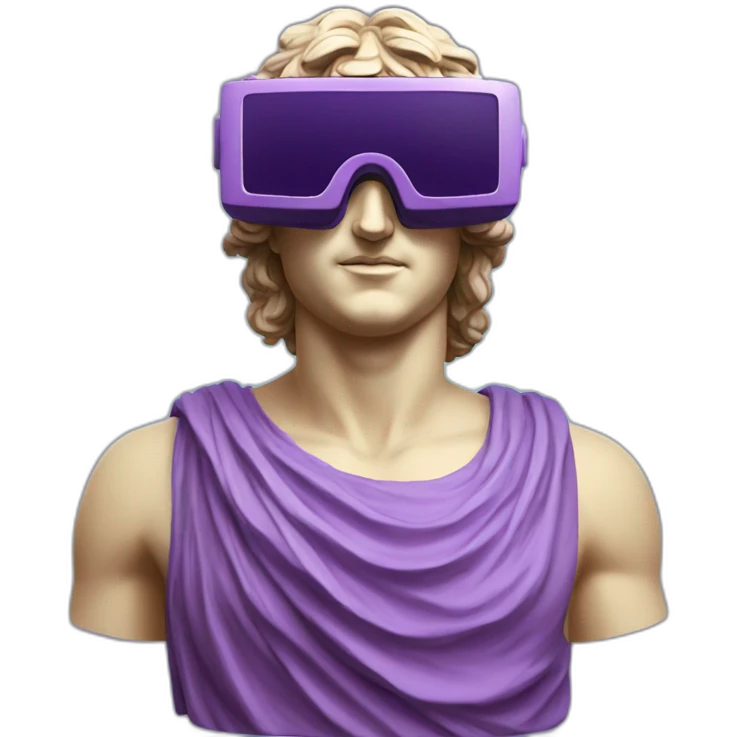 an EMOJI OF A ancient young greek statue, wearing VR headset, purple colors, DIGITAL UNIVERSE emoji