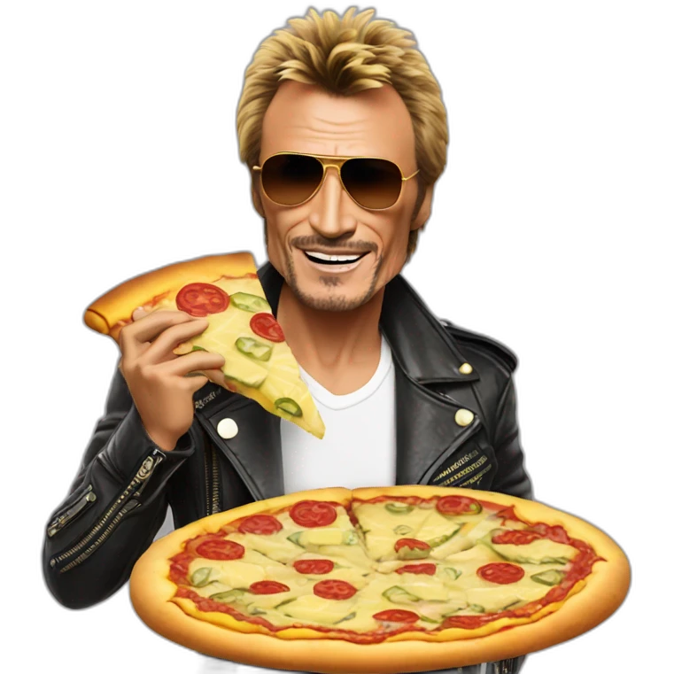Johnny Hallyday eating a pizza with pineapple emoji