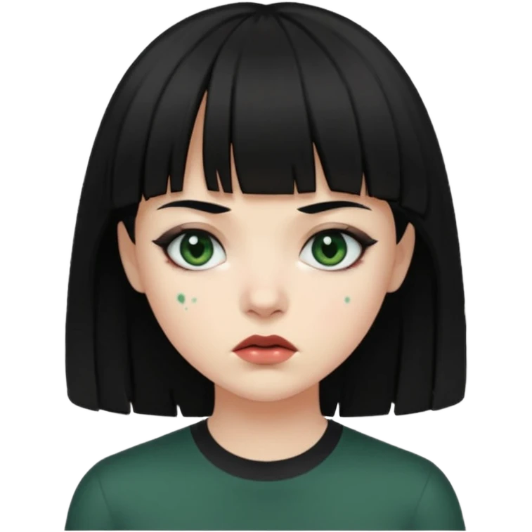 Mulher de franja cabelo preto pele verde bem escuro com a cara machucada com os olhos regalado fundo escuro emoji