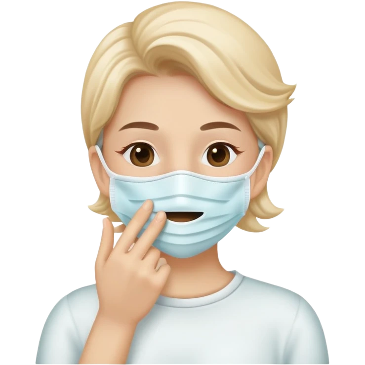 person with a mask, hand near mouth, showing good hygiene, cheerful emoji