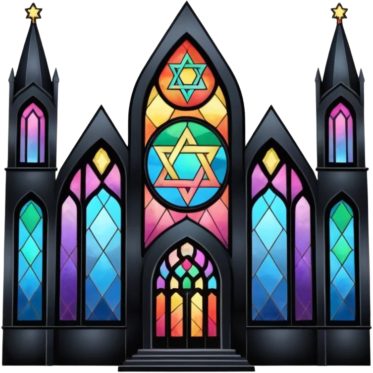 jewish synagogue temple in dark goth aesthetic style with black building and very light tint rainbow stained glass windows. and star of david and celestial symbolism emoji