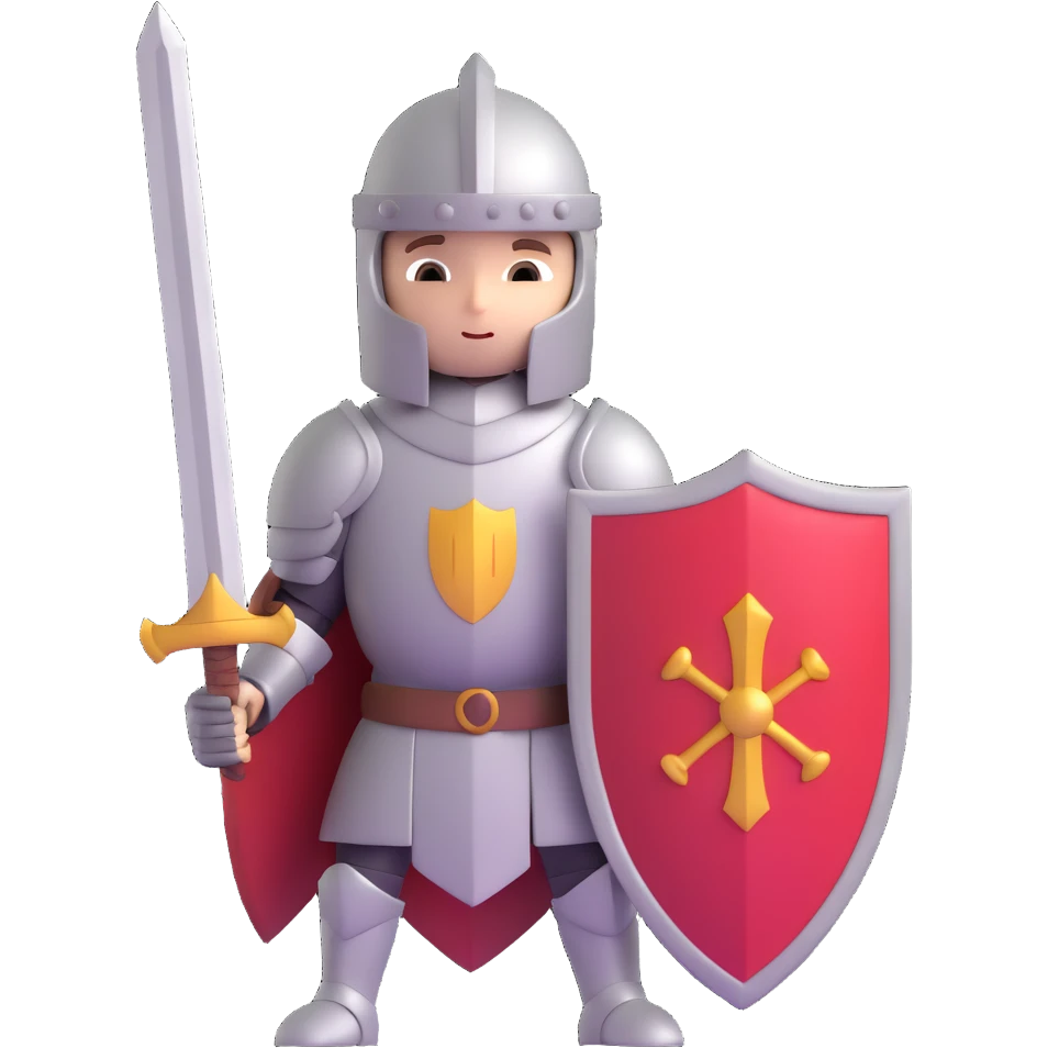 small knight with oversized sword and shield, standing heroically emoji