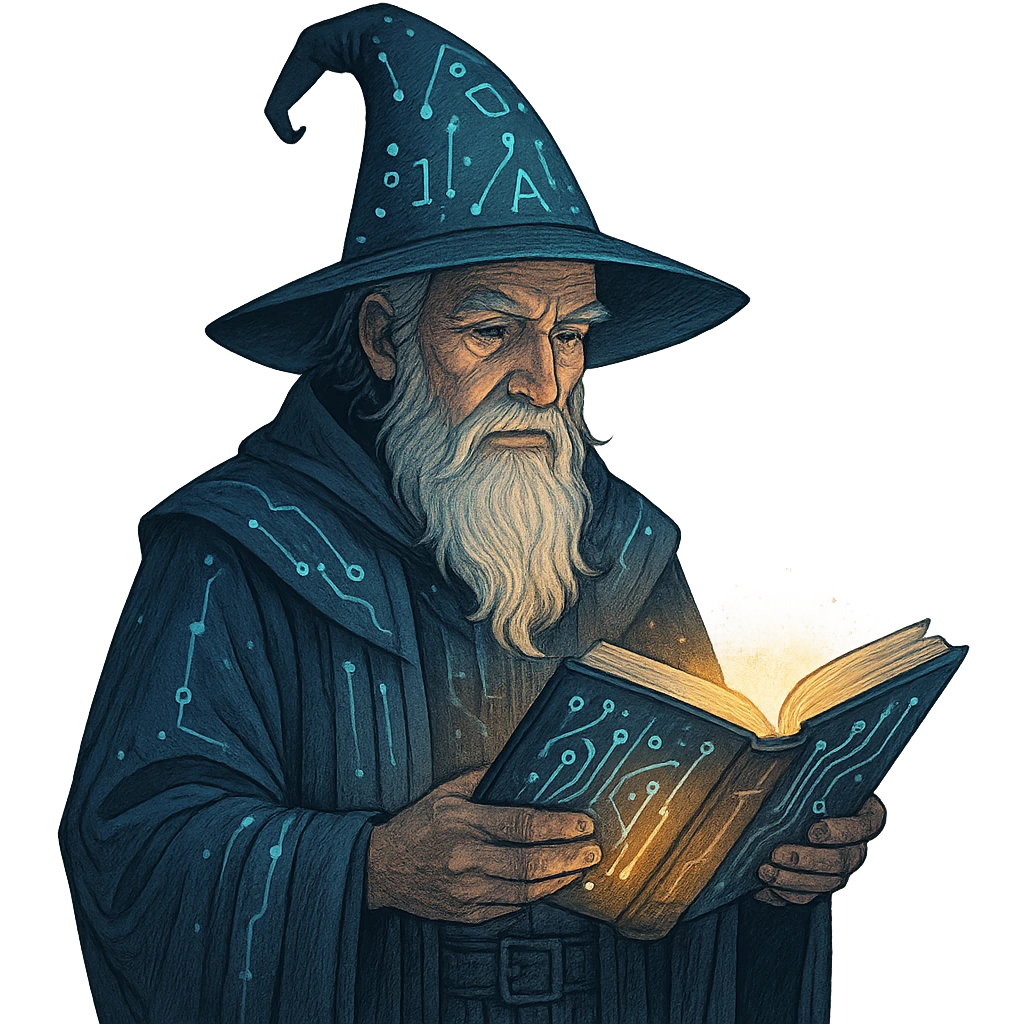 master in artificial intelligence, alchemist wizard, holding a glowing book with circuits, pointed hat with digital symbols, transparent background emoji