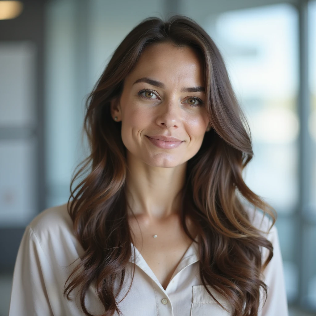 serene and confident woman with PCOS in a modern, bright clinical environment, realistic photography, natural light, transparent background representation of enhanced oocytes: large, bright, regular membrane, clear cytoplasm, golden or blue halo symbolizing quality emoji