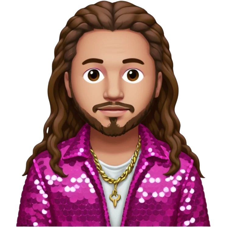 Post Malone with long brown hair, dark pink sequin outfit emoji
