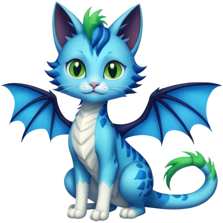 a adorable anthropomorphic-dragon-cat which I look adorable I have black and blue on me I have blue and green wings I have a long cat tail emoji