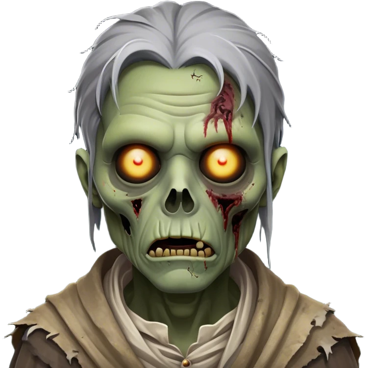 Cinematic Noble Zombie Portrait Emoji, Surprisingly dignified and somber, with a decaying yet strangely regal visage in ashen grays and muted tones, draped in tattered attire hinting at a lost grandeur, simplified yet meticulously detailed, glowing with a soft, eerie radiance and a gentle outline that evokes the tragic nobility of the undead! emoji