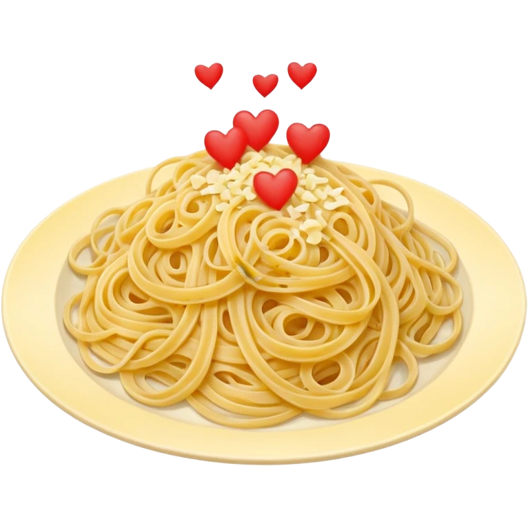 loose tangle of pale yellow cooked spaghetti with soft glossy texture and natural curves, strands slightly twisted and overlapping, freshly prepared dish, no bowl or chopsticks. Add tiny read hearts on the spaghetti emoji