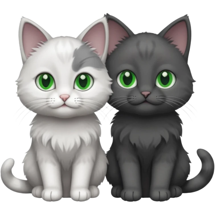 2 different coloured small cats including a dark grey and white and a completely solid dark grey with green eyes and only white paws emoji