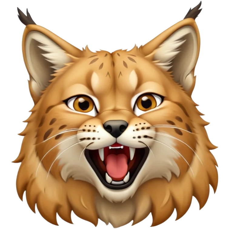 Cinematic-Cute-Yawning-Lynx-Portrait-Emoji – Head tilted slightly with a dramatic, wide-open yawn, revealing a dense golden-brown fur coat with subtle spots, signature black ear tufts standing tall, round amber eyes barely open in drowsy contentment. emoji