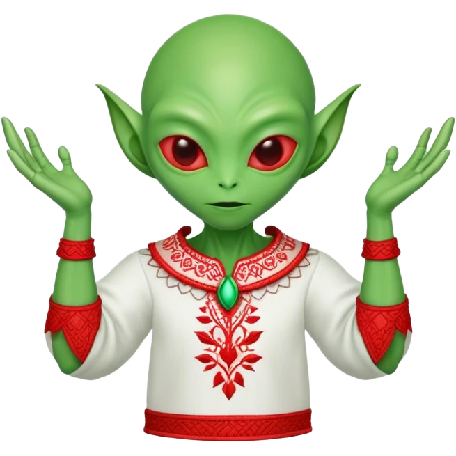 Green alien in Shirt 👚 vyshyvanka, white with red embodiary on sleeved emoji