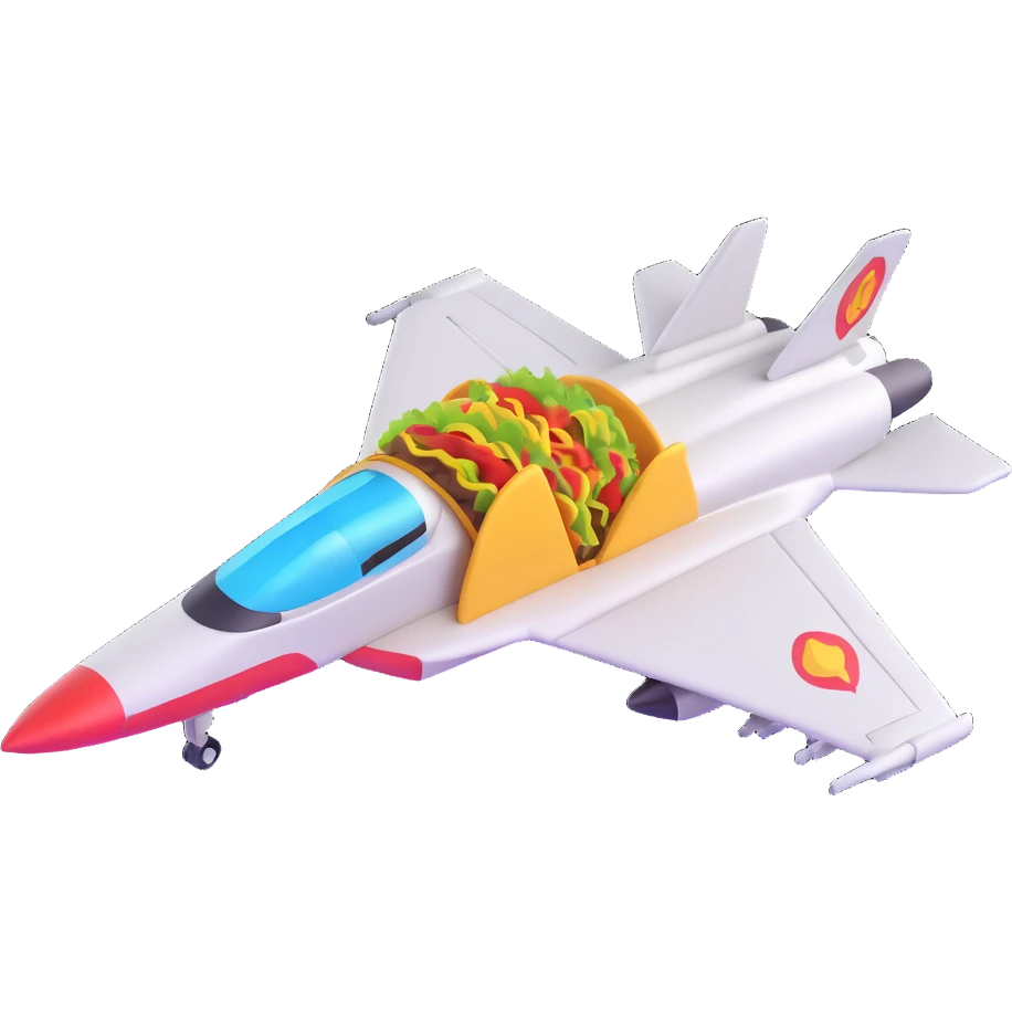 sleek fighter jet with a taco emoji strapped to its side, cinematic and humorous emoji