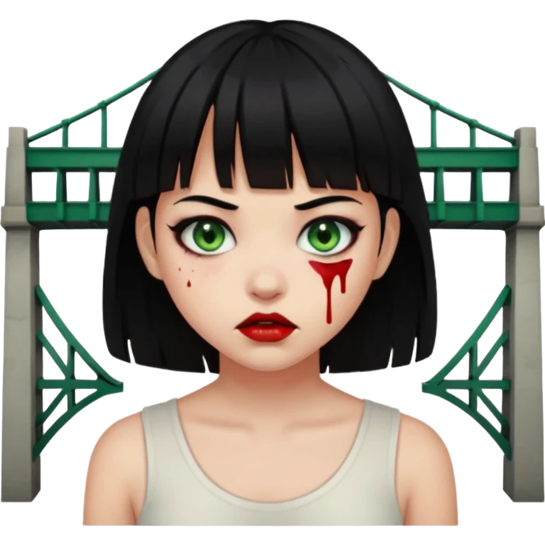 Guria com cabelo preto franjinha sangrando olhos verdes  fundo preto e um piercing bridgepiercing emoji