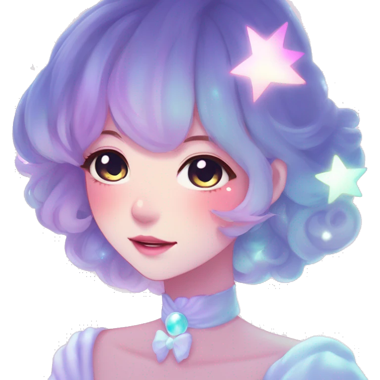 Gorgeous pastel anime style lady blushing nebula-gradient-sparkle face dreamy idol model colorful shiny stars galaxy kawaii cottagecore pearly petite simplistic aesthetic trending style emoji