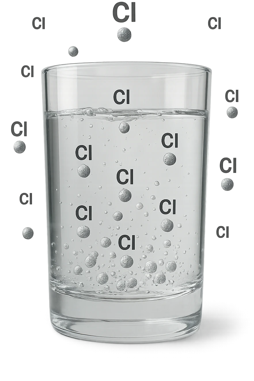 un bicchiere di acqua fluttua in aria realistico e dettagliato, dentro l'acqua del bicchiere ci sono particelle di cloro ben visibili con la scritta "Cl" sopra, ci sono particelle anche che escono dal bicchiere e fluttuan
o in aria verticalmente, mentre alcune sono all'interno dell'acqua nel bicchiere, iperrealistico 4k emoji