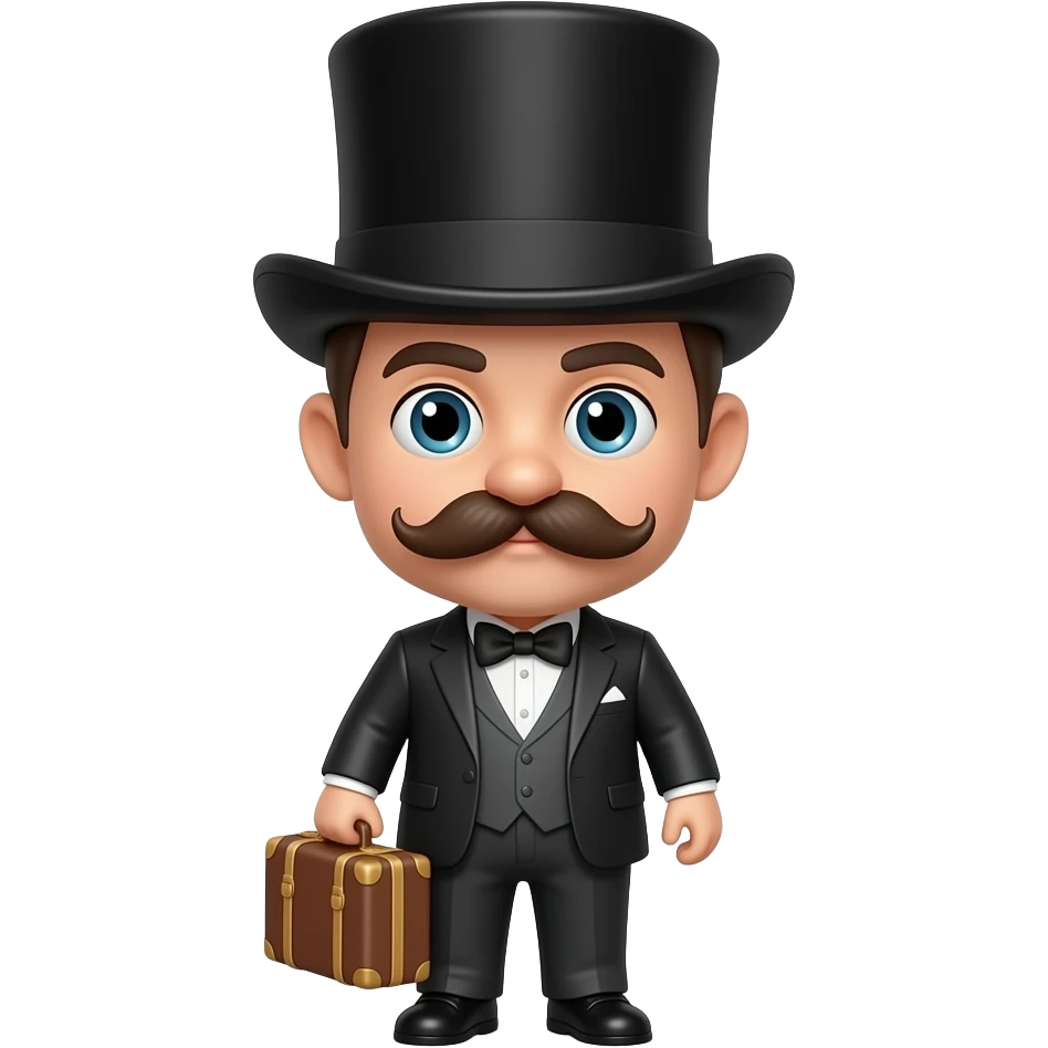 A head with a mustach and a tophat holding a suitcase emoji