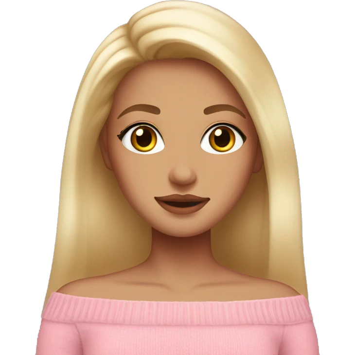 blonde girl with brown eyes, smooth skin, pink off shoulder sweater, long blow out hair emoji