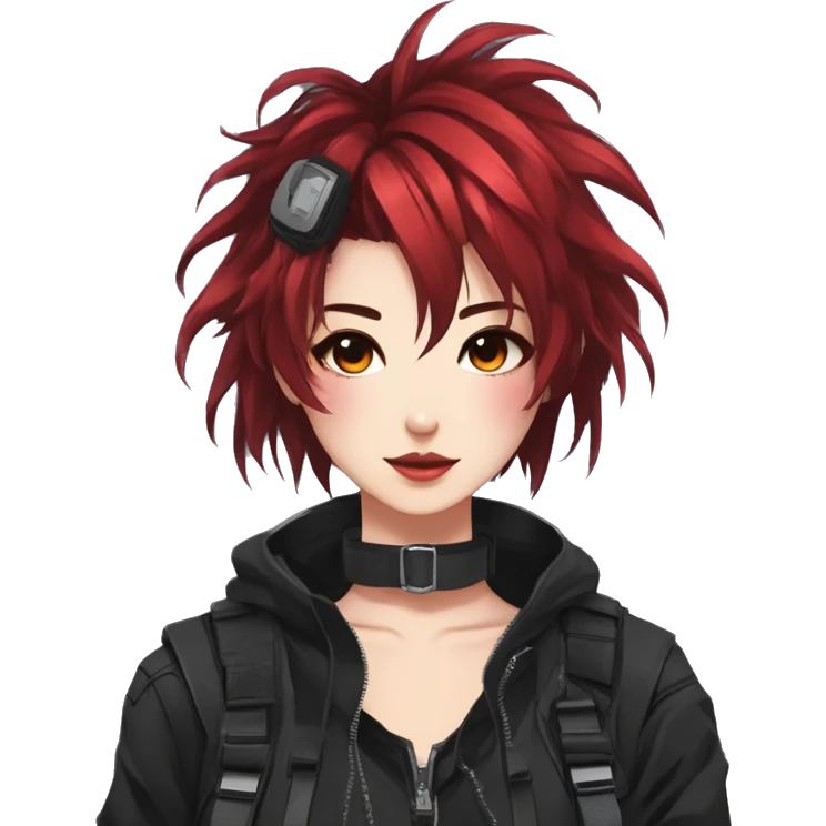 Gorgeous techwear anime style lady with blushing face aesthetic and pretty edgy black red punk hair with messy hair and collar and harness trending style emoji