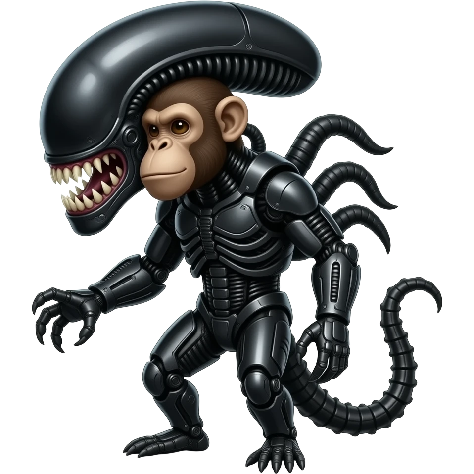 A monkey with Xenomorph features, elongated head, black exoskeleton, and biomechanical appearance emoji