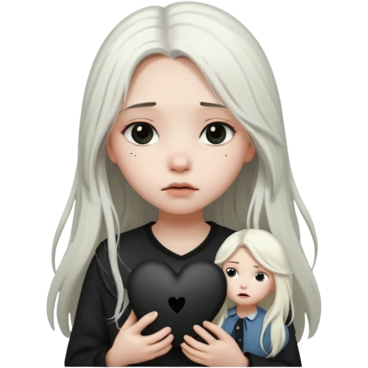 A girl with long white hair is sad and holds a black heart in her hands emoji